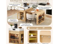 Isla de cocina extensible con ruedas y tablero abatible - 83 x 46 x 96 cm - mesa alta con puerta y cajón - MDF + cristal - natural