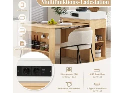 Isla de cocina extensible con ruedas y tablero abatible - 83 x 46 x 96 cm - mesa alta con puerta y cajón - MDF + cristal - natural