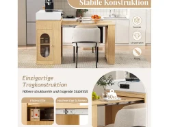 Isla de cocina extensible con ruedas y tablero abatible - 83 x 46 x 96 cm - mesa alta con puerta y cajón - MDF + cristal - natural