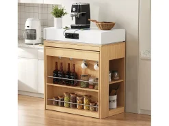 Isla de cocina extensible con ruedas y tablero abatible - 83 x 46 x 96 cm - mesa alta con puerta y cajón - MDF + cristal - natural