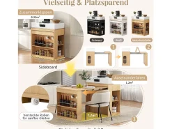 Isla de cocina extensible con ruedas y tablero abatible - 83 x 46 x 96 cm - mesa alta con puerta y cajón - MDF + cristal - natural