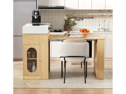Isla de cocina extensible con ruedas y tablero abatible - 83 x 46 x 96 cm - mesa alta con puerta y cajón - MDF + cristal - natural