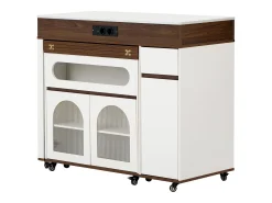 Isla de cocina extensible con ruedas y tablero de cristal - 110,5 x 50,5 x 95,5 cm - con puerta y cajón - MDF + cristal - blanco + marrón