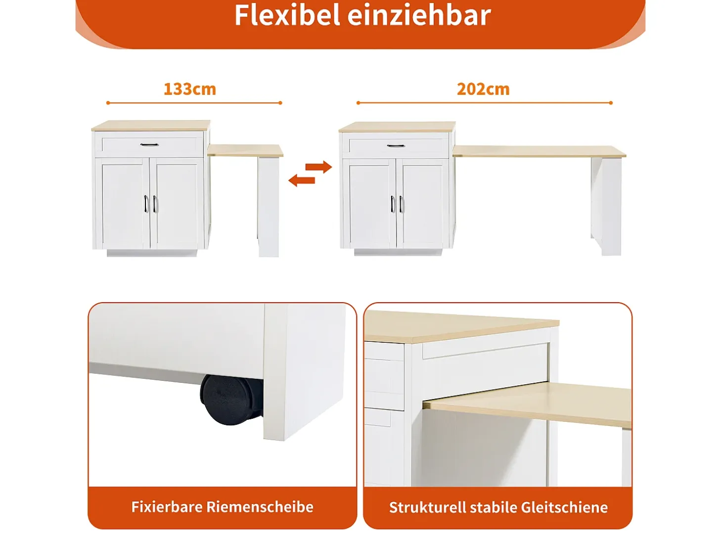 Isla de cocina moderna (133-202 × 70 × 93,5 cm), 2 cajones y 2 compartimentos para 2-6 personas, MDF, Blanco