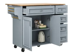 Isla de cocina moderna 130×45×92 cm - con 5 cajones y 2 puertas - encimera extensible - con ruedas - azul