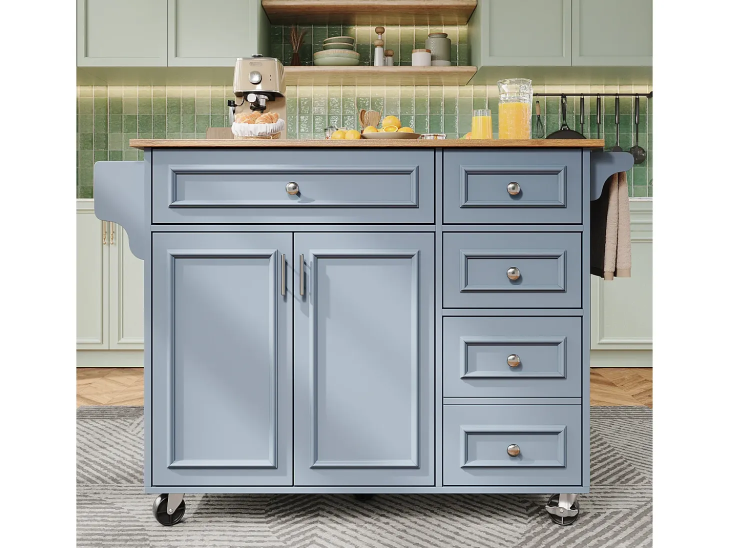 Isla de cocina moderna 130×45×92 cm - con 5 cajones y 2 puertas - encimera extensible - con ruedas - azul