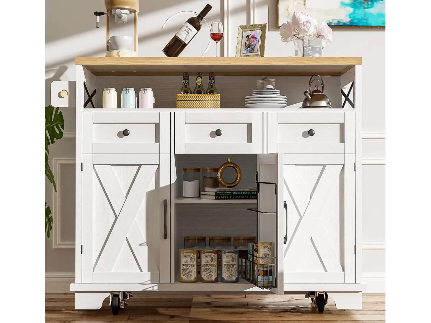 Isla de cocina moderna (118×43×98 cm), mueble de cocina con ruedas, espacio de almacenaje modular, toallero, acabado madera (blanco)