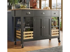 Isla de cocina moderna con encimera de madera, 3 cajones, cesta de pino, función de almacenaje multifuncional, color blanco (120x45x90 cm)