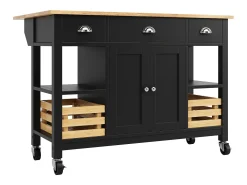 Isla de cocina moderna con encimera de madera, 3 cajones, cesta de pino, función de almacenaje multifuncional, color blanco (120x45x90 cm)