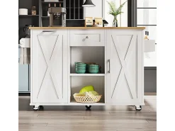 Isla de cocina moderna con espacio de almacenamiento y función de mesa de comedor, color blanco.