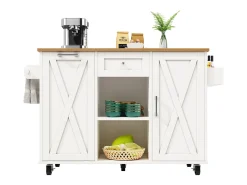 Isla de cocina moderna con espacio de almacenamiento y función de mesa de comedor, color blanco.