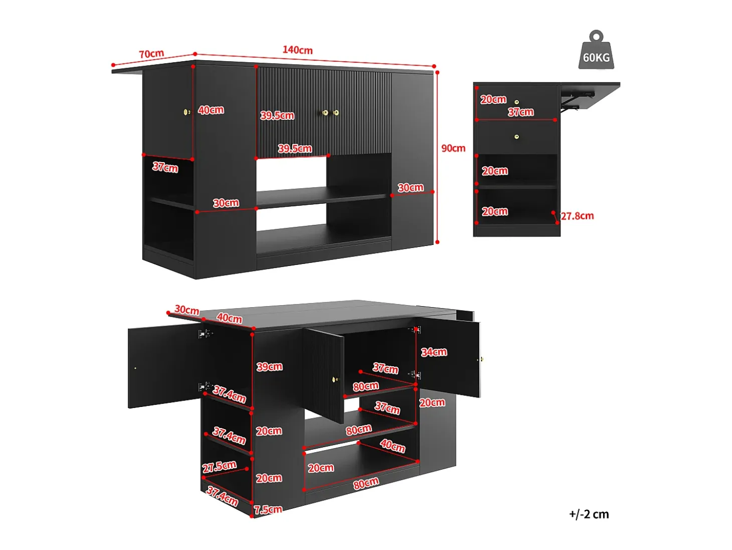 Isla de cocina moderna con almacenaje y encimera abatible, mueble de cocina negro con estantes y cajones (140 x 40 x 90 cm)