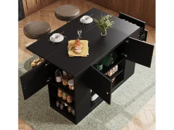 Isla de cocina moderna con almacenaje y encimera abatible, mueble de cocina negro con estantes y cajones (140 x 40 x 90 cm)
