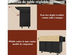 Isla de cocina moderna con almacenaje, aparador con mesa plegable, MDF y metal, color negro (110 x 46 x 90,5 cm)