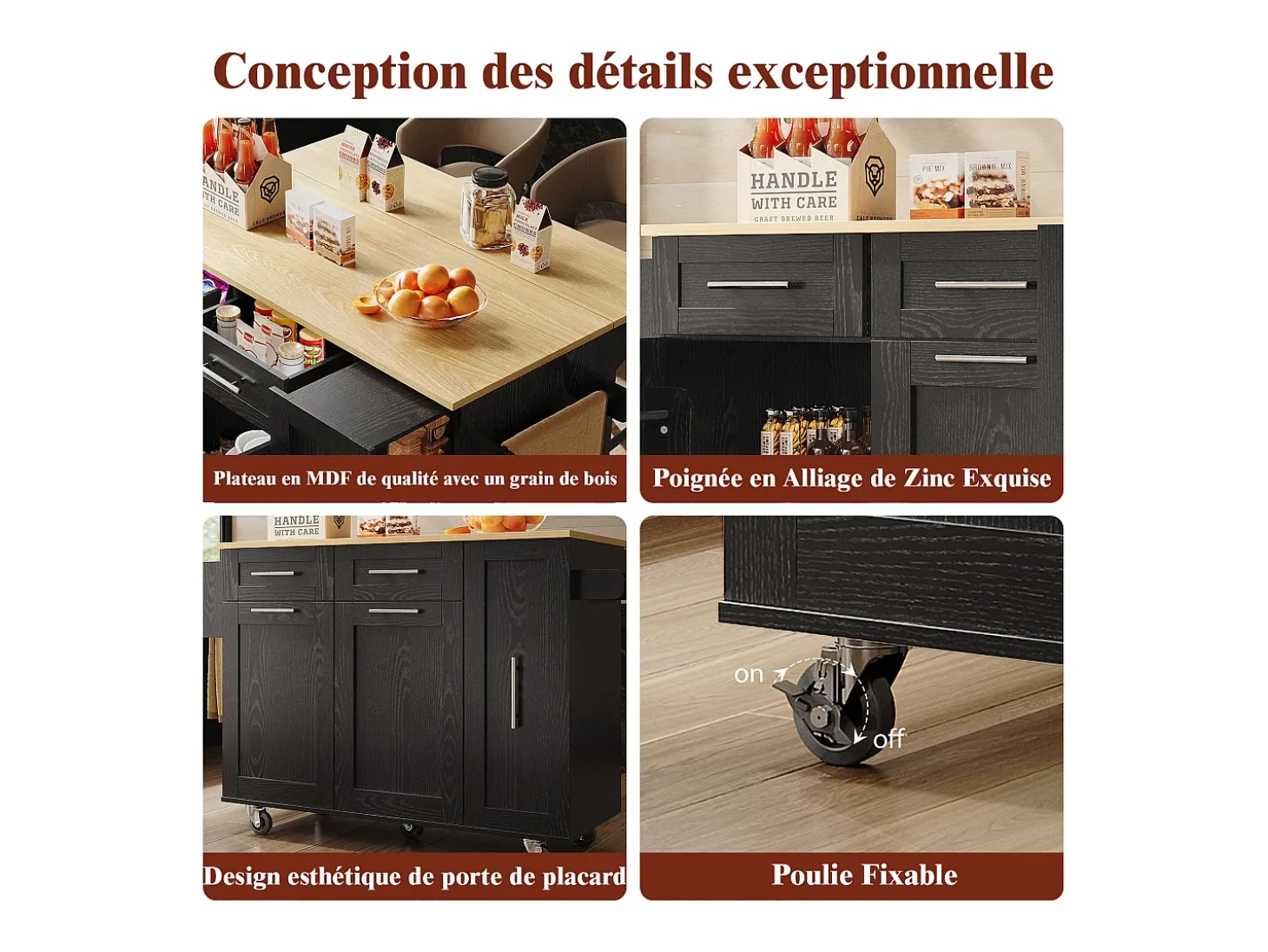Isla de cocina moderna con almacenaje, aparador con mesa plegable, MDF y metal, color negro (110 x 46 x 90,5 cm)