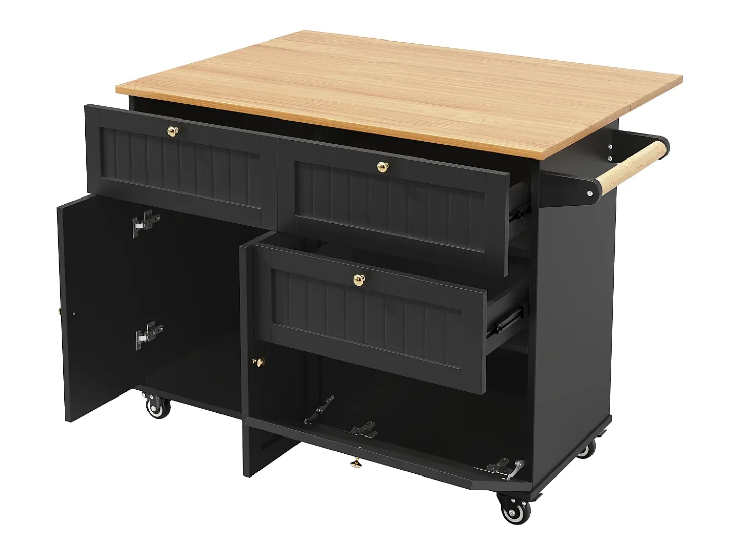 Isla de cocina moderna, mueble de almacenaje, mesa extensible con espacio de almacenaje, MDF, negro (133x49,2x88 cm)