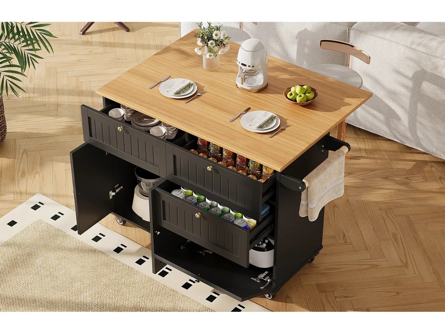 Isla de cocina moderna, mueble de almacenaje, mesa extensible con espacio de almacenaje, MDF, negro (133x49,2x88 cm)