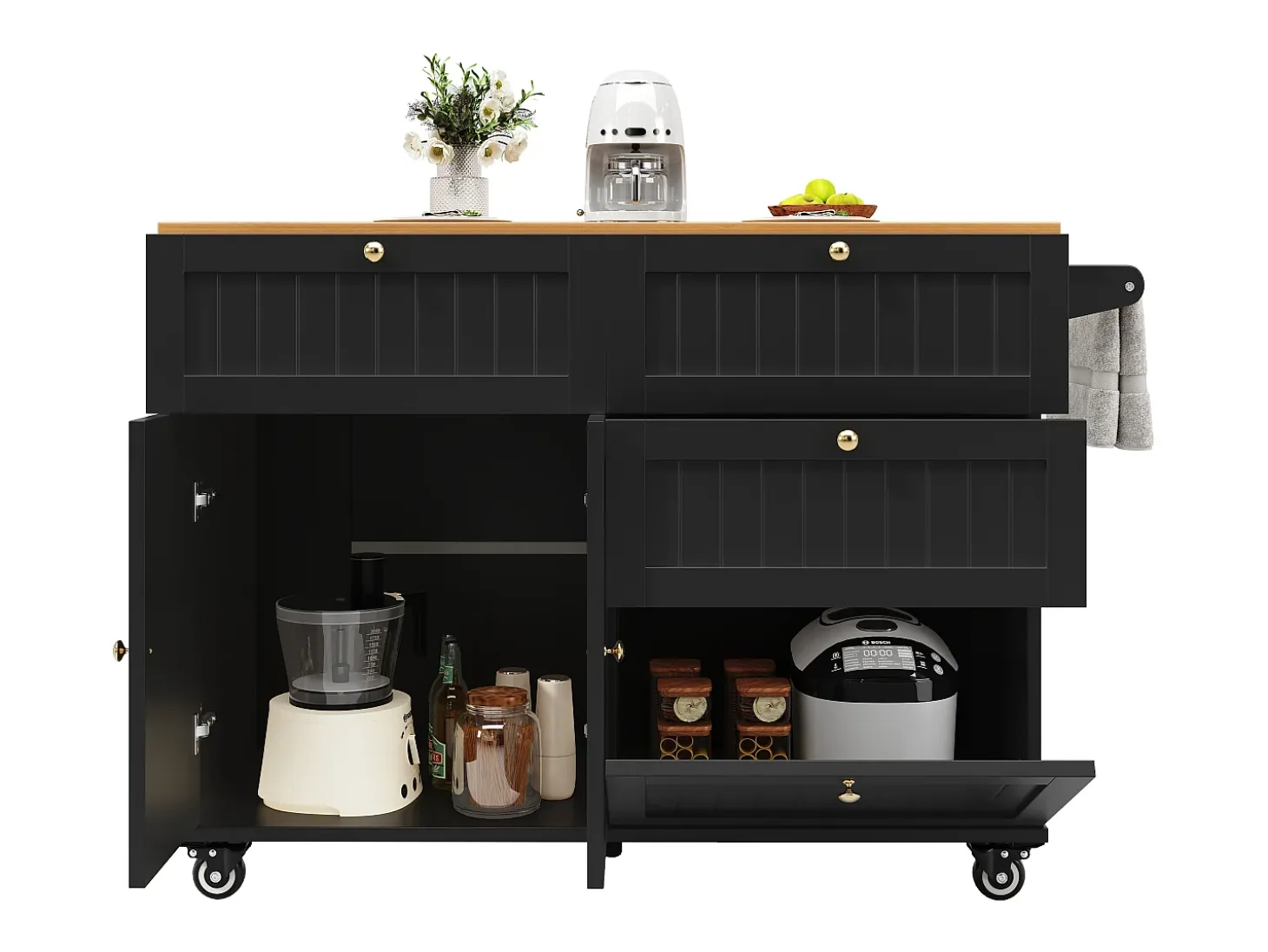 Isla de cocina moderna, mueble de almacenaje, mesa extensible con espacio de almacenaje, MDF, negro (133x49,2x88 cm)