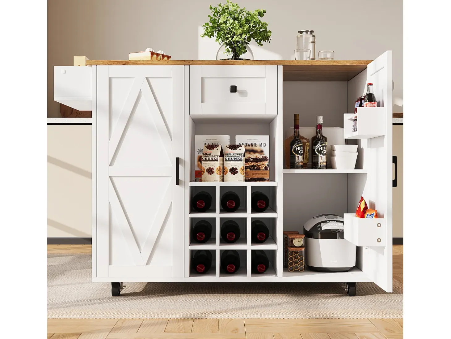 Isla de cocina moderna, mueble de almacenaje multifuncional, MDF jaspeado blanco, patas metálicas cruzadas (137,5x40x95,6 cm)