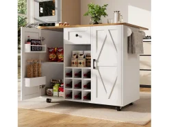Isla de cocina moderna, mueble de almacenaje multifuncional, MDF jaspeado blanco, patas metálicas cruzadas (137,5x40x95,6 cm)