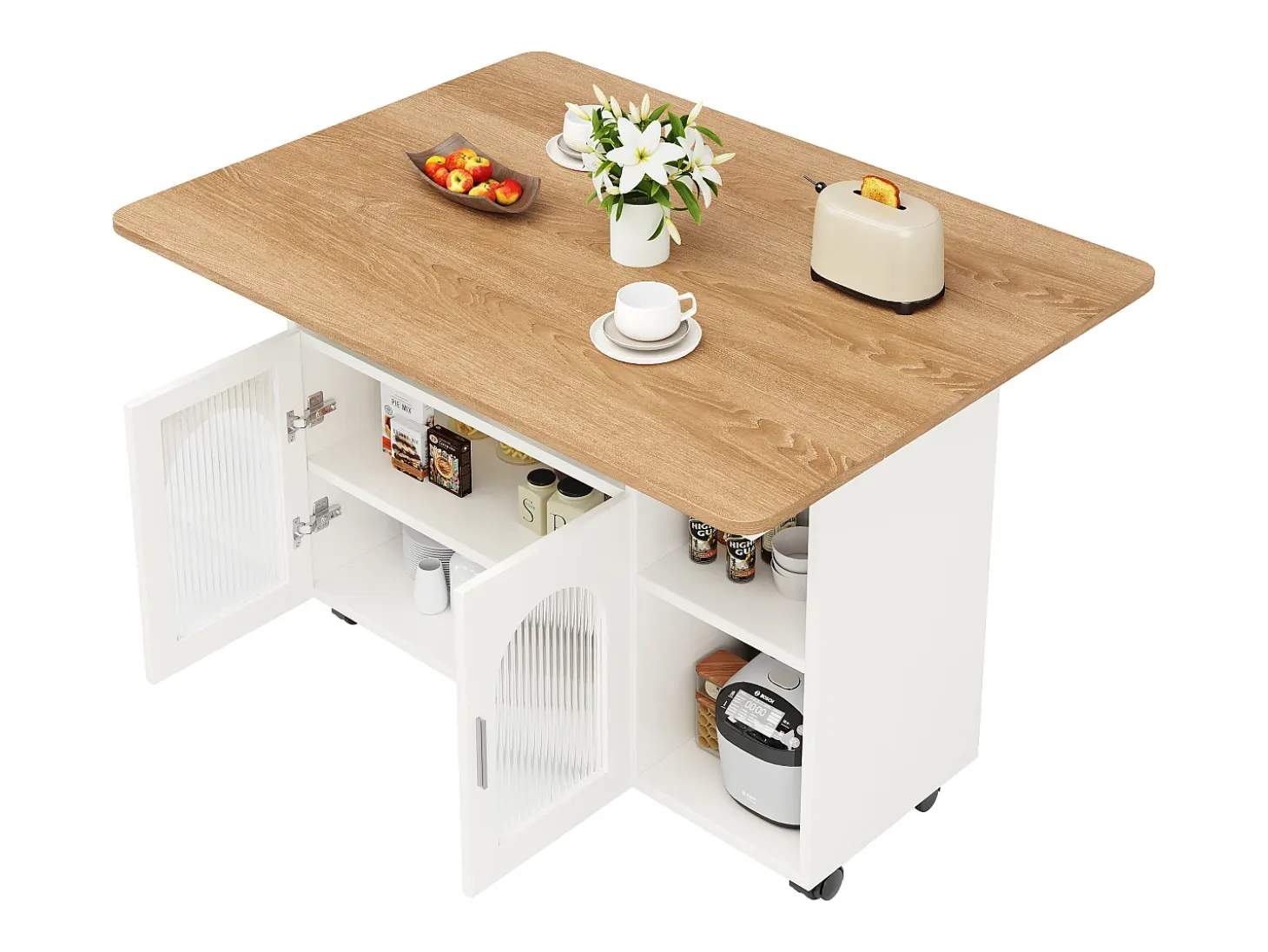 Isla de cocina moderna, tablero abatible, carrito multifunción, aparador de MDF y cristal, color blanco (120x30x79,5 cm)