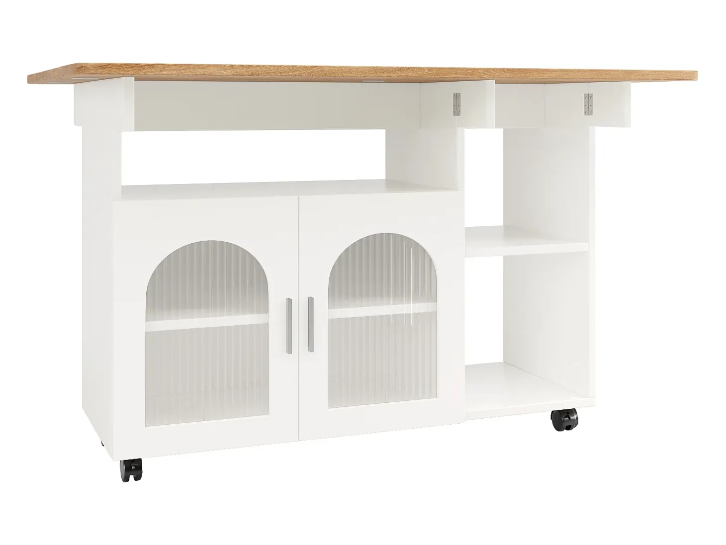 Isla de cocina moderna, tablero abatible, carrito multifunción, aparador de MDF y cristal, color blanco (120x30x79,5 cm)