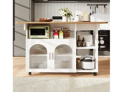Isla de cocina moderna, tablero abatible, carrito multifunción, aparador de MDF y cristal, color blanco (120x30x79,5 cm)