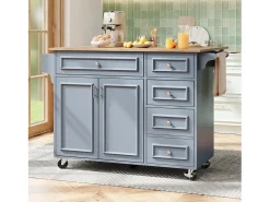 Isla de cocina multifuncional con encimera abatible, mueble servidor extraíble, aparador vintage, espacio de almacenamiento, MDF, Azul (110x45-75x92 cm)