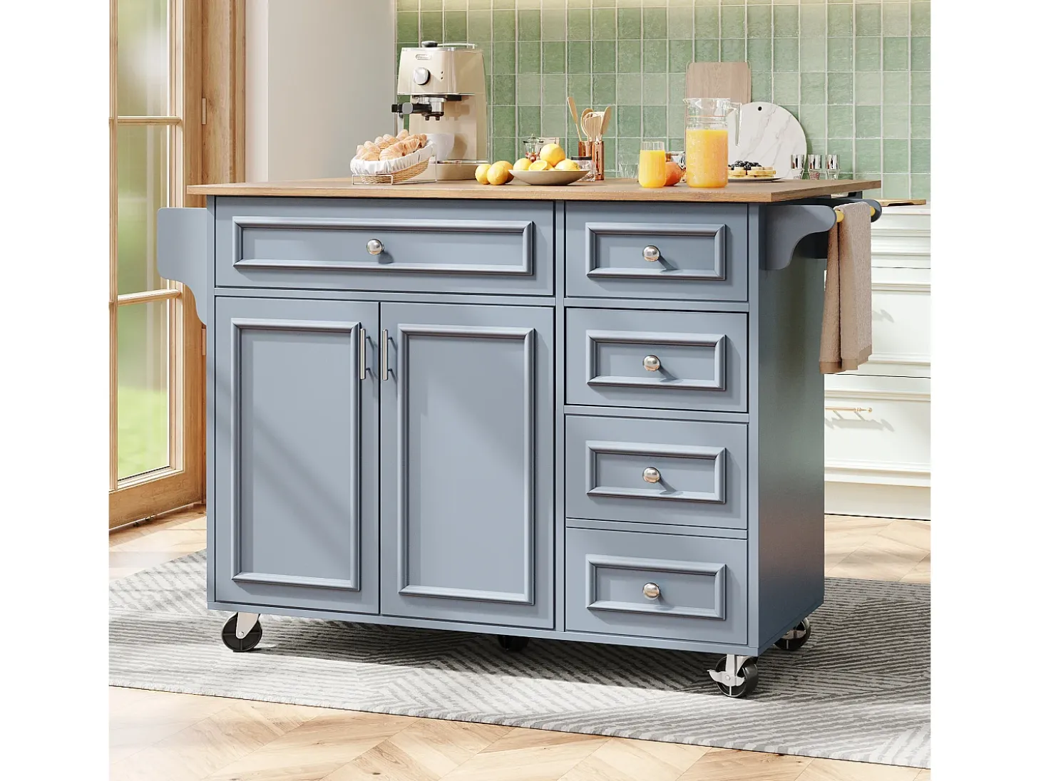 Isla de cocina multifuncional con encimera abatible, mueble servidor extraíble, aparador vintage, espacio de almacenamiento, MDF, Azul (110x45-75x92 cm)