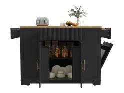 Isla de cocina móvil - 3 puertas y 2 cajones - Estantes abiertos - Con compartimento para basura - MDF - Negro