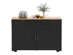Isla de cocina móvil - 3 puertas y 2 cajones - Estantes abiertos - Con compartimento para basura - MDF - Negro