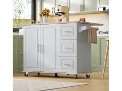 Isla de cocina móvil - 137 x 43(76) x 92 cm - encimera abatible - con 3 cajones + 2 puertas - MDF - gris