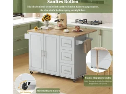 Isla de cocina móvil - 137 x 43(76) x 92 cm - encimera abatible - con 3 cajones + 2 puertas - MDF - gris