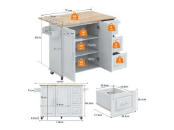 Isla de cocina móvil - 137 x 43(76) x 92 cm - encimera abatible - con 3 cajones + 2 puertas - MDF - gris