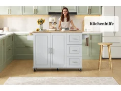 Isla de cocina móvil - 137 x 43(76) x 92 cm - encimera abatible - con 3 cajones + 2 puertas - MDF - gris