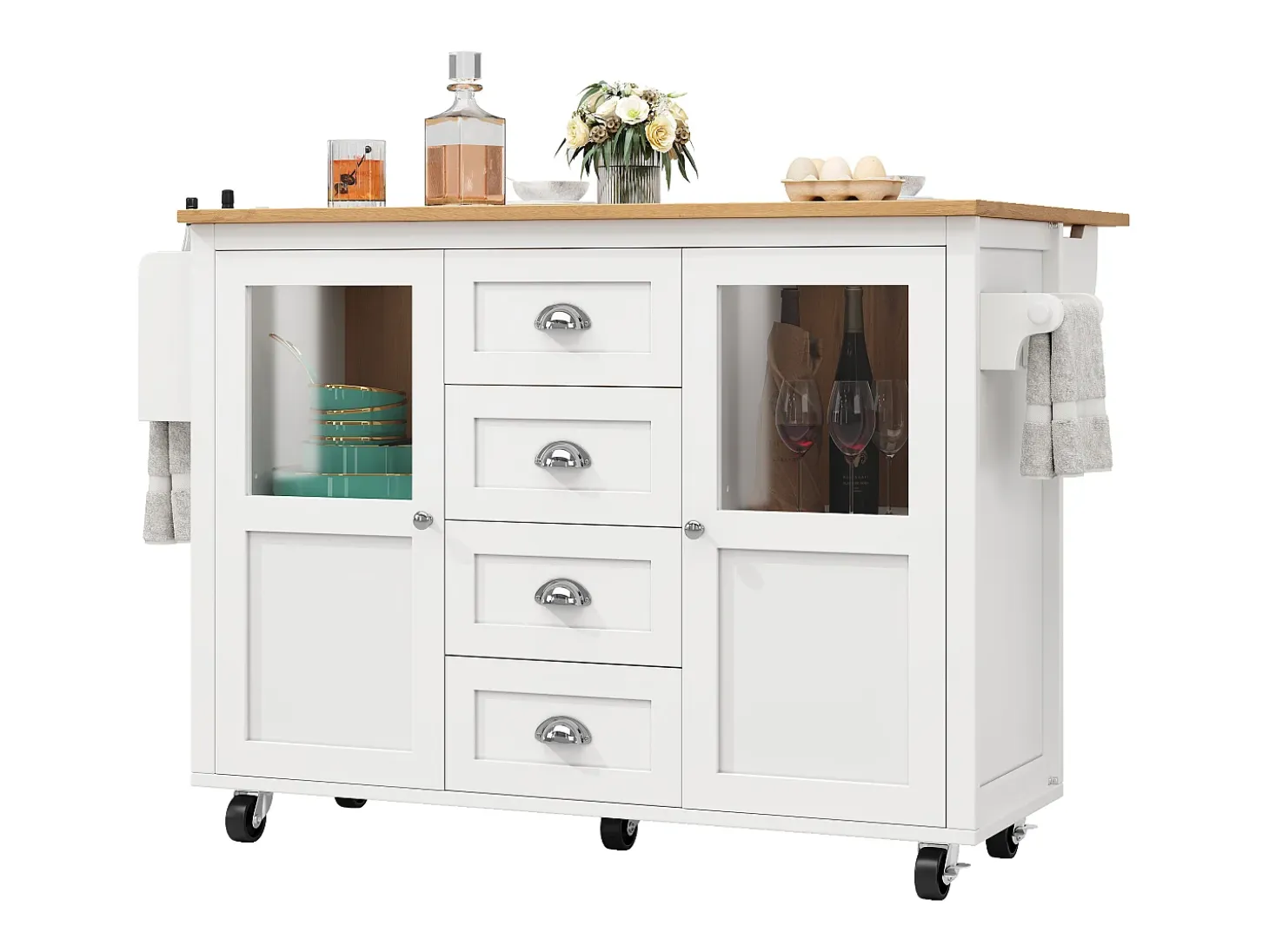 Isla de cocina móvil 137,9×73×92,5 cm - 4 cajones y 2 puertas - encimera extensible - blanco