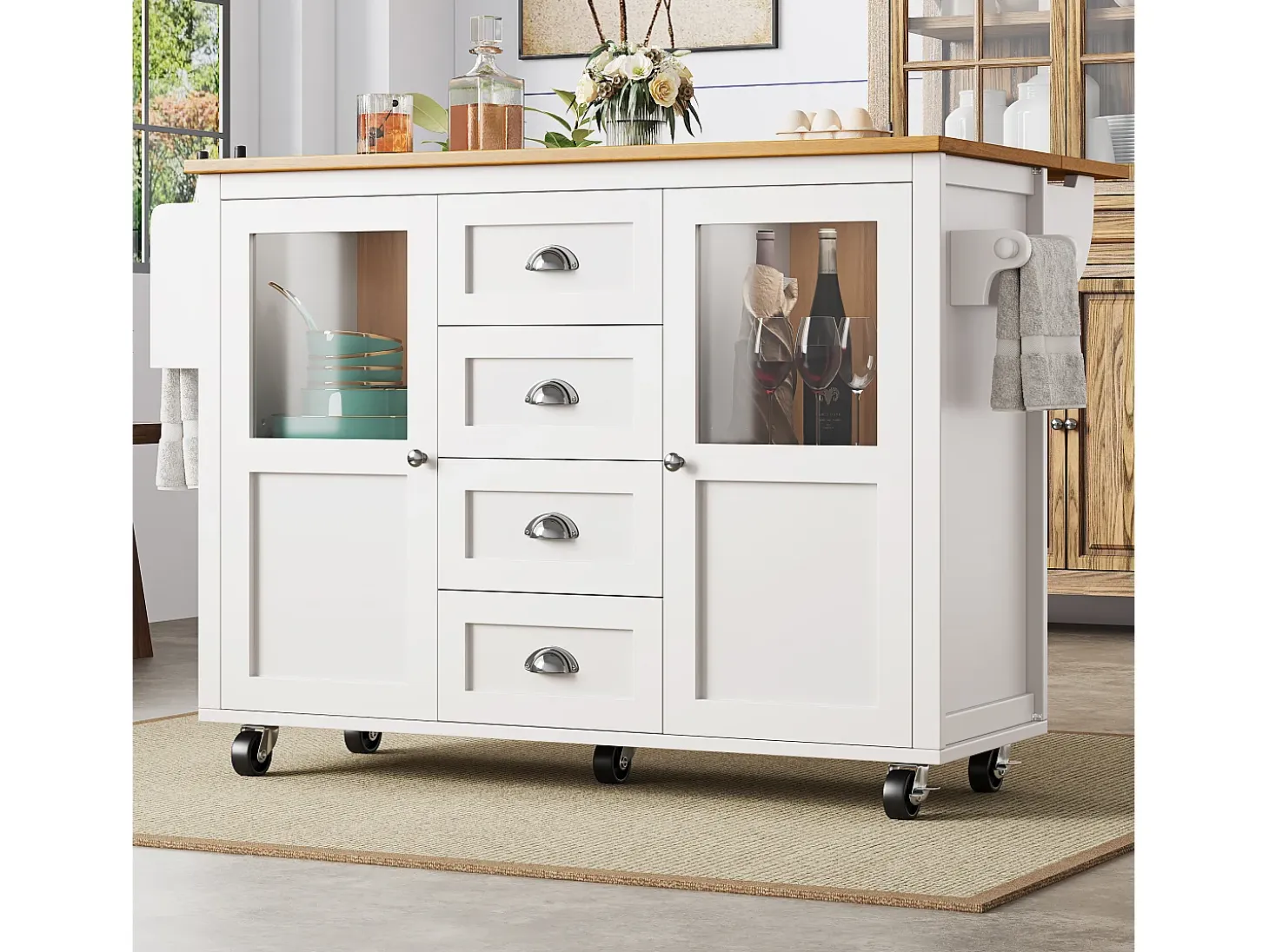 Isla de cocina móvil 137,9×73×92,5 cm - 4 cajones y 2 puertas - encimera extensible - blanco