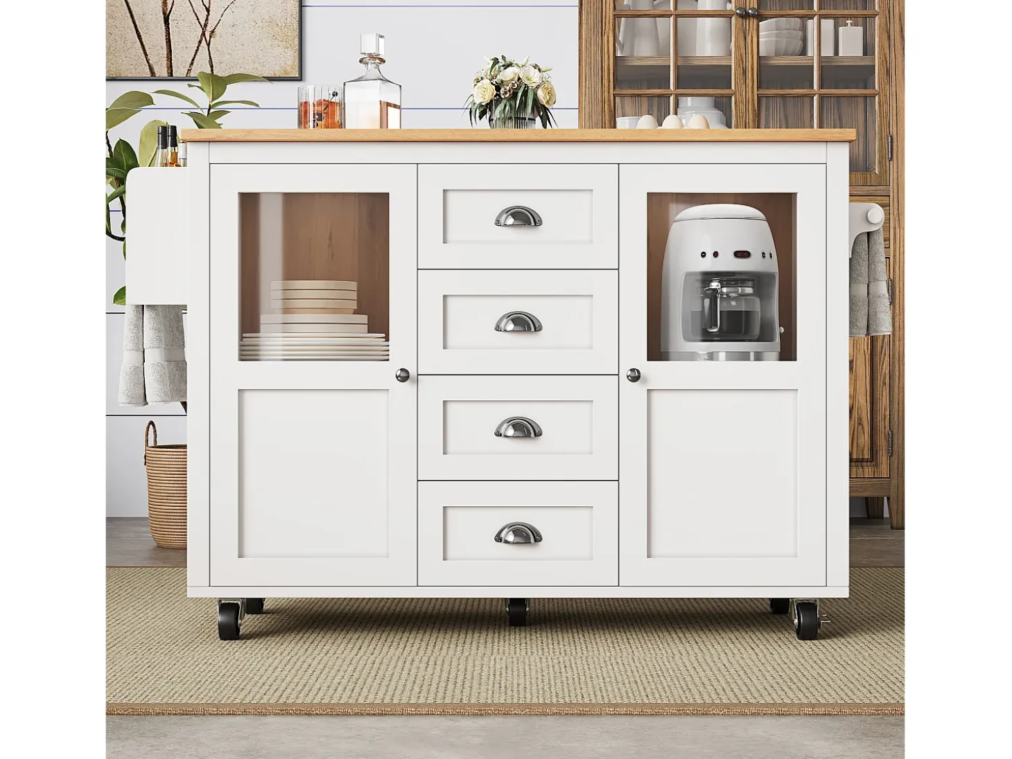 Isla de cocina móvil 137,9×73×92,5 cm - 4 cajones y 2 puertas - encimera extensible - blanco