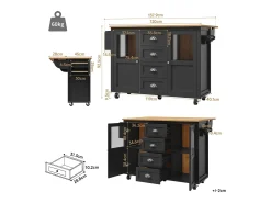 Isla de cocina móvil 137,9×73×92,5 cm - 4 cajones y 2 puertas - encimera extensible - negro