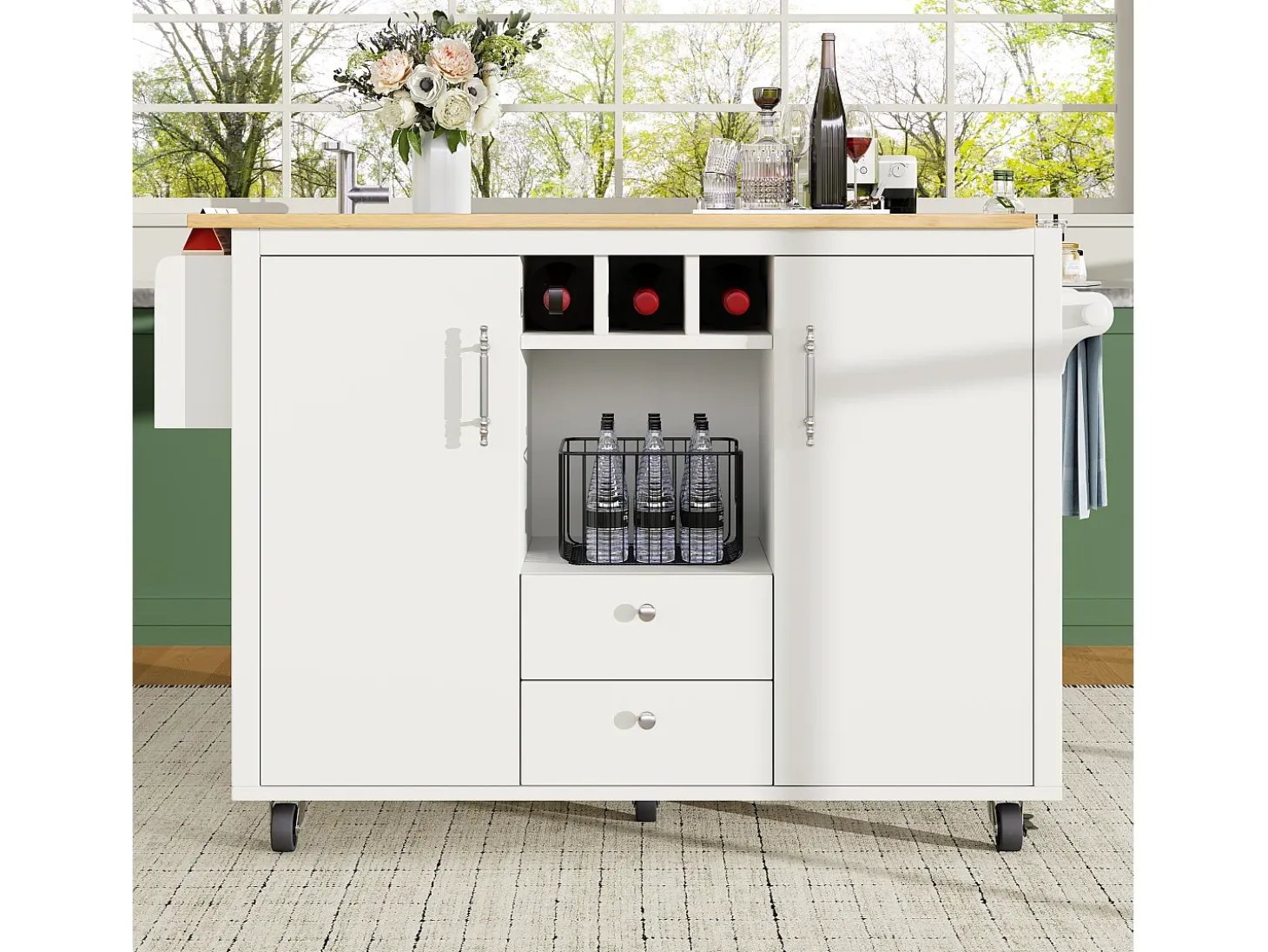 Isla de cocina móvil 137,9×73×92,5 cm - 2 cajones y 2 puertas - encimera extensible - blanco