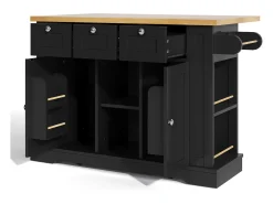 Isla de cocina móvil - con USB - encimera extensible - 3 cajones y 2 puertas - con toallero - MDF - negro