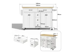 Isla de cocina móvil - encimera extensible - 5 cajones y 4 puertas - con toallero - MDF - blanco