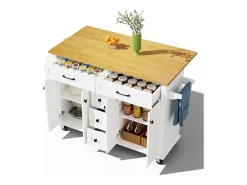 Isla de cocina móvil - encimera extensible - 5 cajones y 4 puertas - con toallero - MDF - blanco