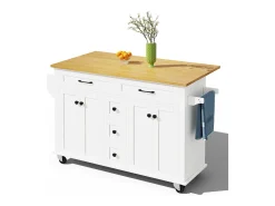 Isla de cocina móvil - encimera extensible - 5 cajones y 4 puertas - con toallero - MDF - blanco