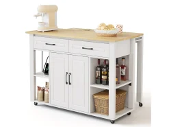 Isla de cocina móvil - encimera extensible - con USB y toallero - con 2 cajones y 2 puertas - MDF - Blanco