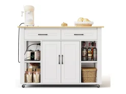 Isla de cocina móvil - encimera extensible - con USB y toallero - con 2 cajones y 2 puertas - MDF - Blanco