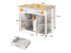 Isla de cocina móvil - encimera extensible - con USB y toallero - con 2 cajones y 2 puertas - MDF - Blanco