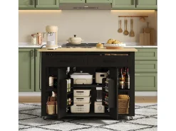 Isla de cocina móvil - encimera extensible - con USB y toallero - con 2 cajones y 2 puertas - MDF - Negro