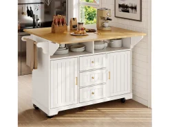 Isla de cocina móvil - Encimeras extensibles - 2 puertas y 3 cajones - Estantes abiertos - Con toallero - MDF - ​​Blanco​
