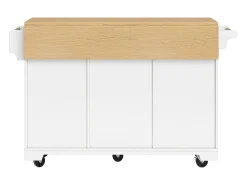 Isla de cocina móvil - Encimeras extensibles - 2 puertas y 3 cajones - Estantes abiertos - Con toallero - MDF - ​​Blanco​